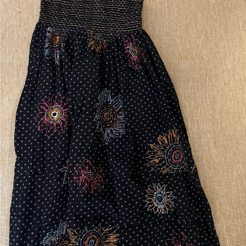 Urban Outfitters Black Polka Dot Midi Dress with Floral Embroidery